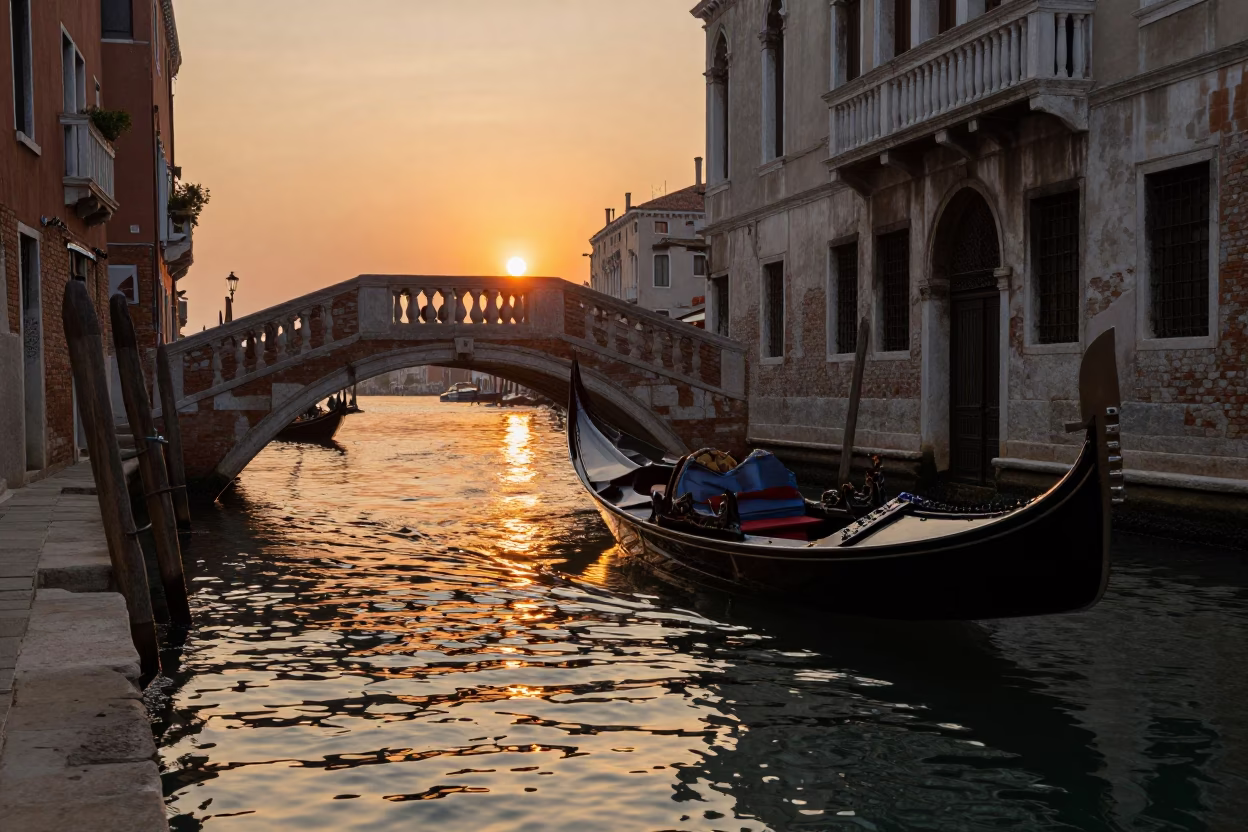 Golden Hour Reflections on Venetian Canal with Gondola and Vintage Majolica Plate in in Venice, Italy