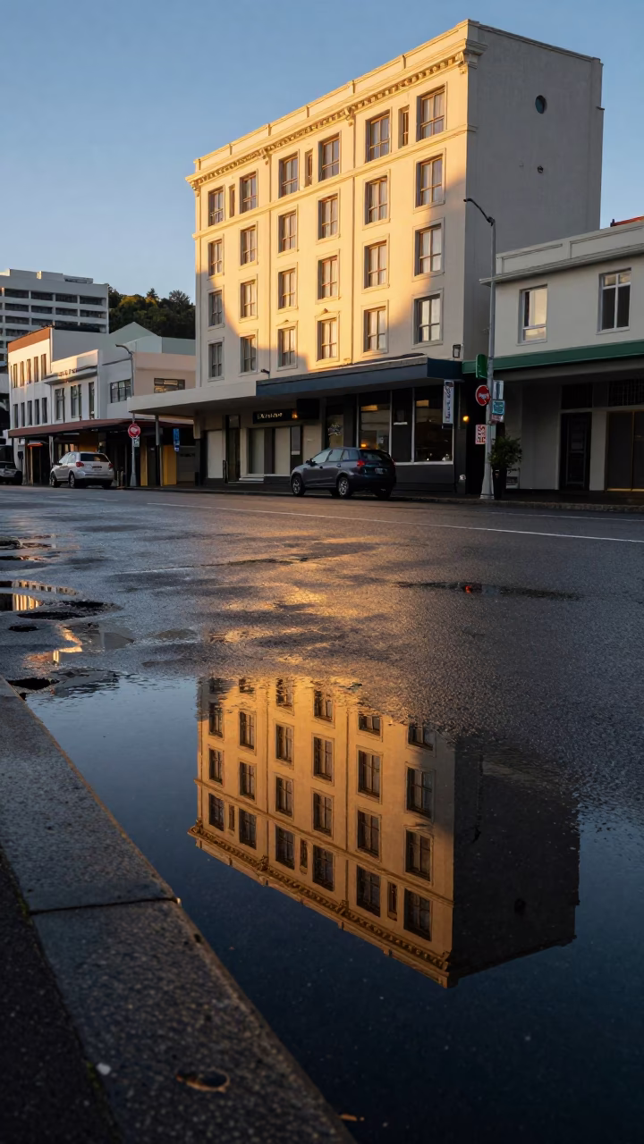 Golden Hour Reflections on Wellington Street Puddle with Hotel Windows and Tail Lights in in Wellington, New Zealand