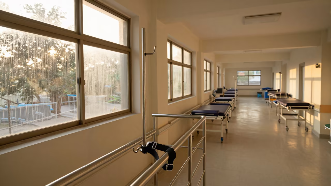 Golden Hour Rehab Rail with Condensation in inside a recovery area with treatment stations aligned in Visakhapatnam