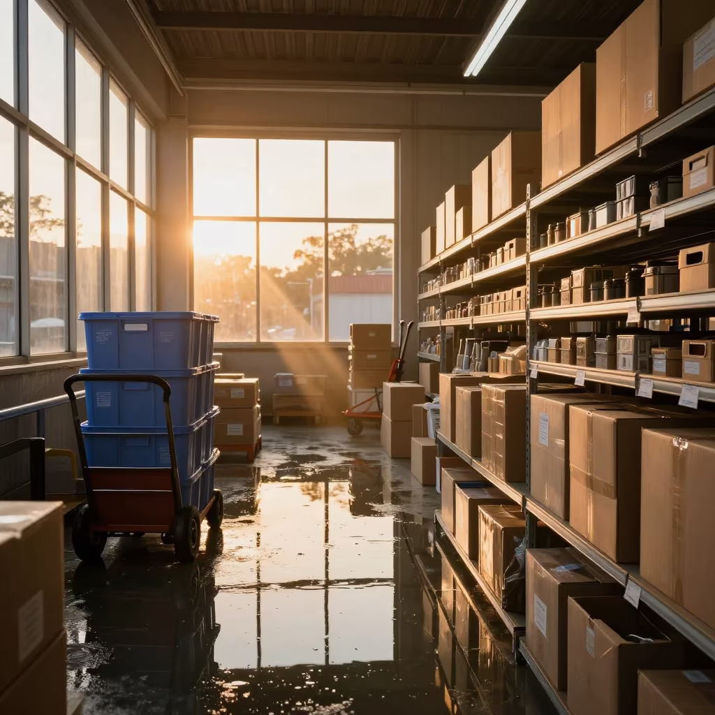 Golden Hour Retail Stockroom with Water Floor in inside a store aisle lined with shelf tags near Haiphong
