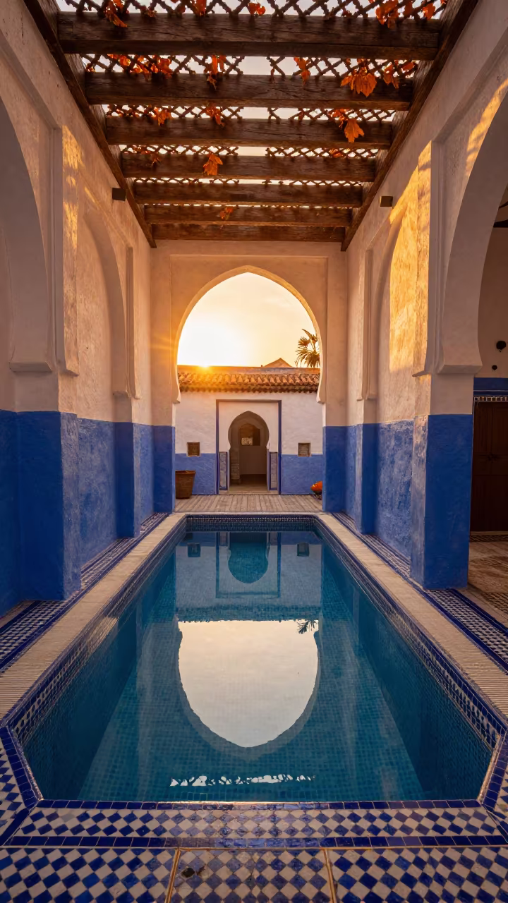 Golden Hour Riad Pool Chefchaouen Autumn in in a quiet guest corridor in Chefchaouen