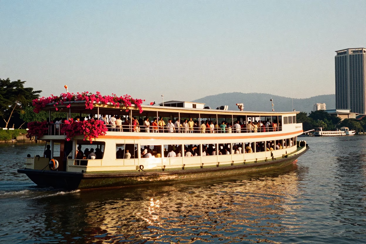 Golden Hour River Ferry Crossing Kuala Lumpur Malaysia with Bougainvillea Cascade in in Kuala Lumpur, Malaysia