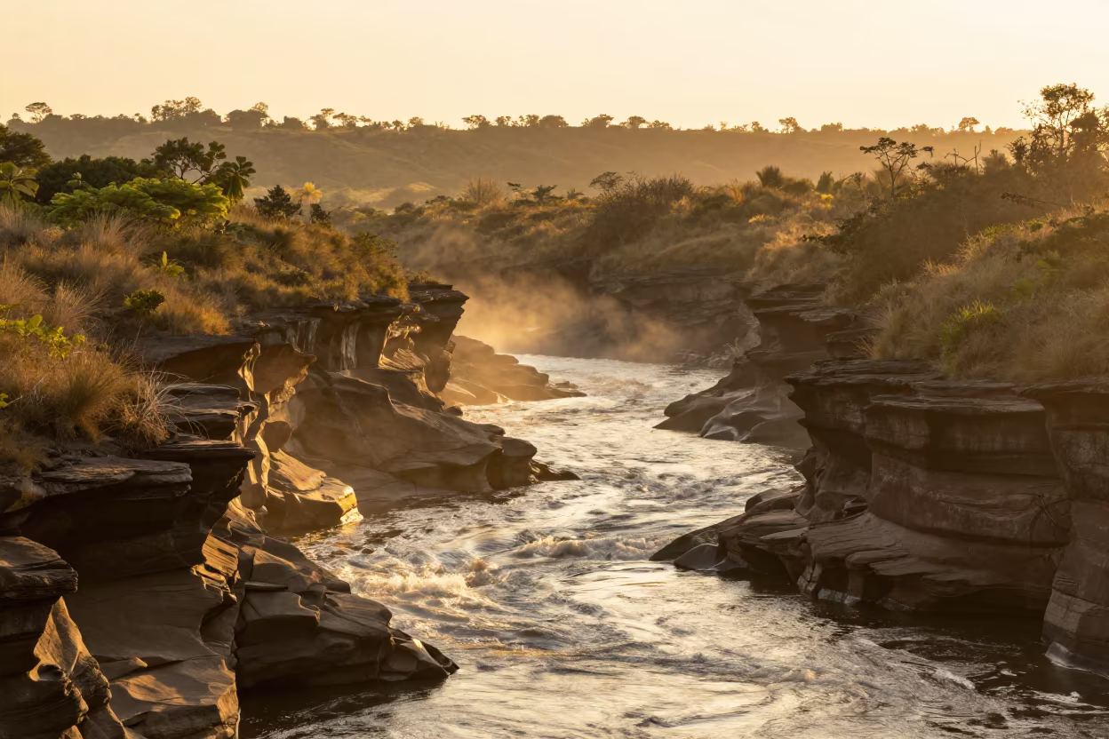 Golden Hour River Gorge in Ceará Foothills in from a ridge above layered foothills in Ceará