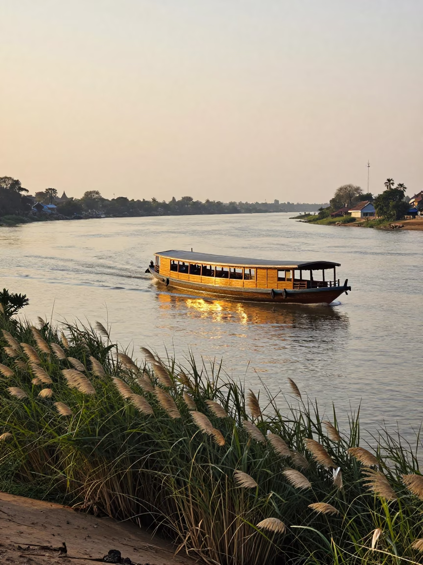 Golden Hour River Scene in Phnom Penh Cambodia with Papyrus and Steamboat in in Phnom Penh, Cambodia