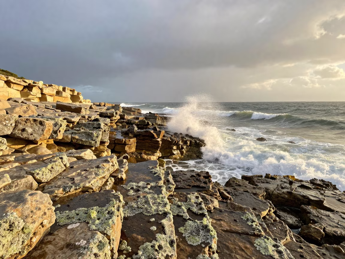 Golden Hour Rocky Coast Tel Aviv Sea Spray in along a wave-cut shoreline near Tel Aviv