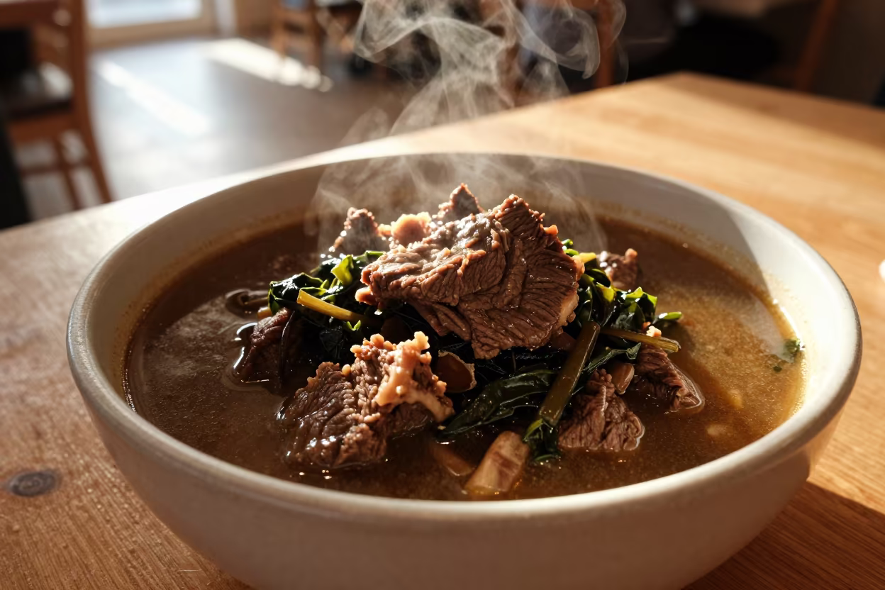 Golden Hour Romazava Stew in Innsbruck in on a restaurant table in Innsbruck