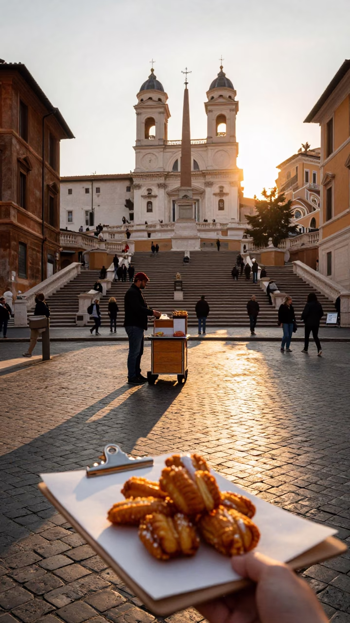 Golden Hour Rome Street Scene with Clipboard and Crispy Palmiers Treat in in Rome, Italy