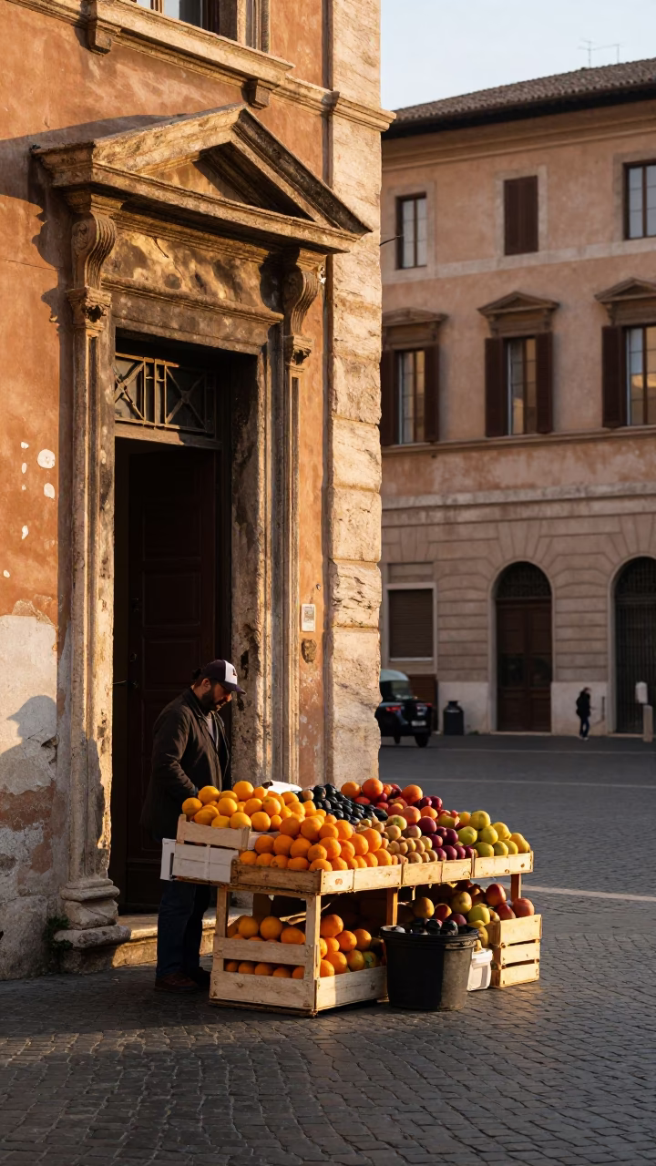 Golden Hour Rome Street Scene with Fruit Vendor and Historic Architecture in in Rome, Italy