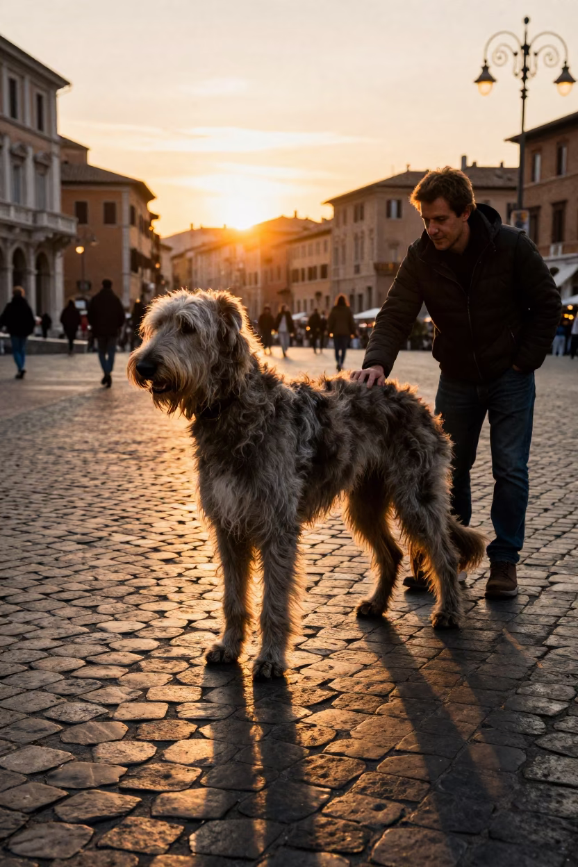 Golden Hour Rome Street Scene with Irish Wolfhound and Mailbox in in Rome, Italy