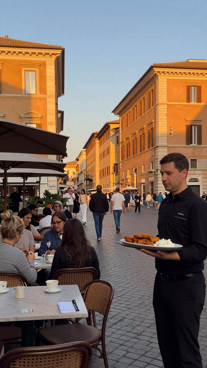 Golden Hour Rome Street Scene with Local Dining Elements in in Rome, Italy