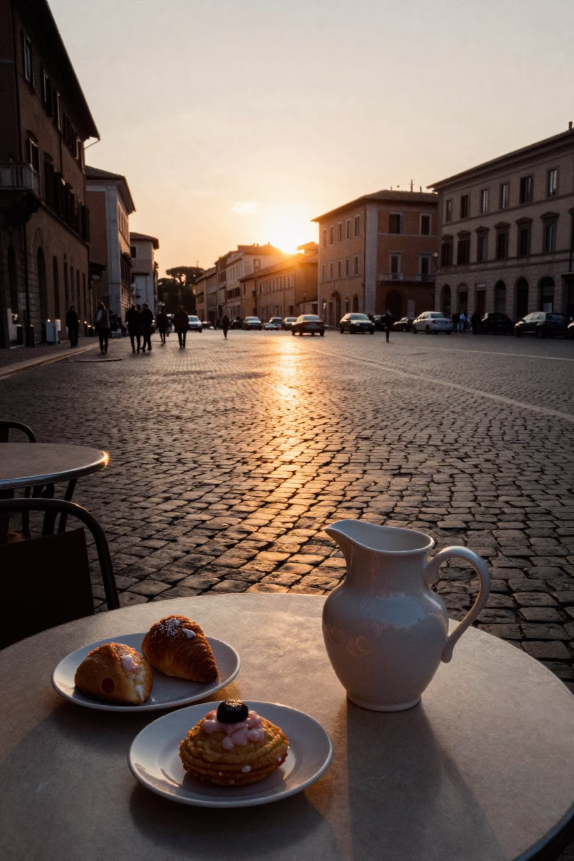 Golden Hour Rome Street Scene with Pastries and Ceramic Pitcher at Sunset in in Rome, Italy