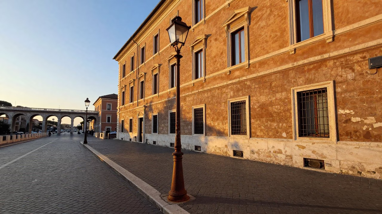 Golden Hour Rome Street Scene with Rusty Lamp and Urban Viaduct in in Rome, Italy
