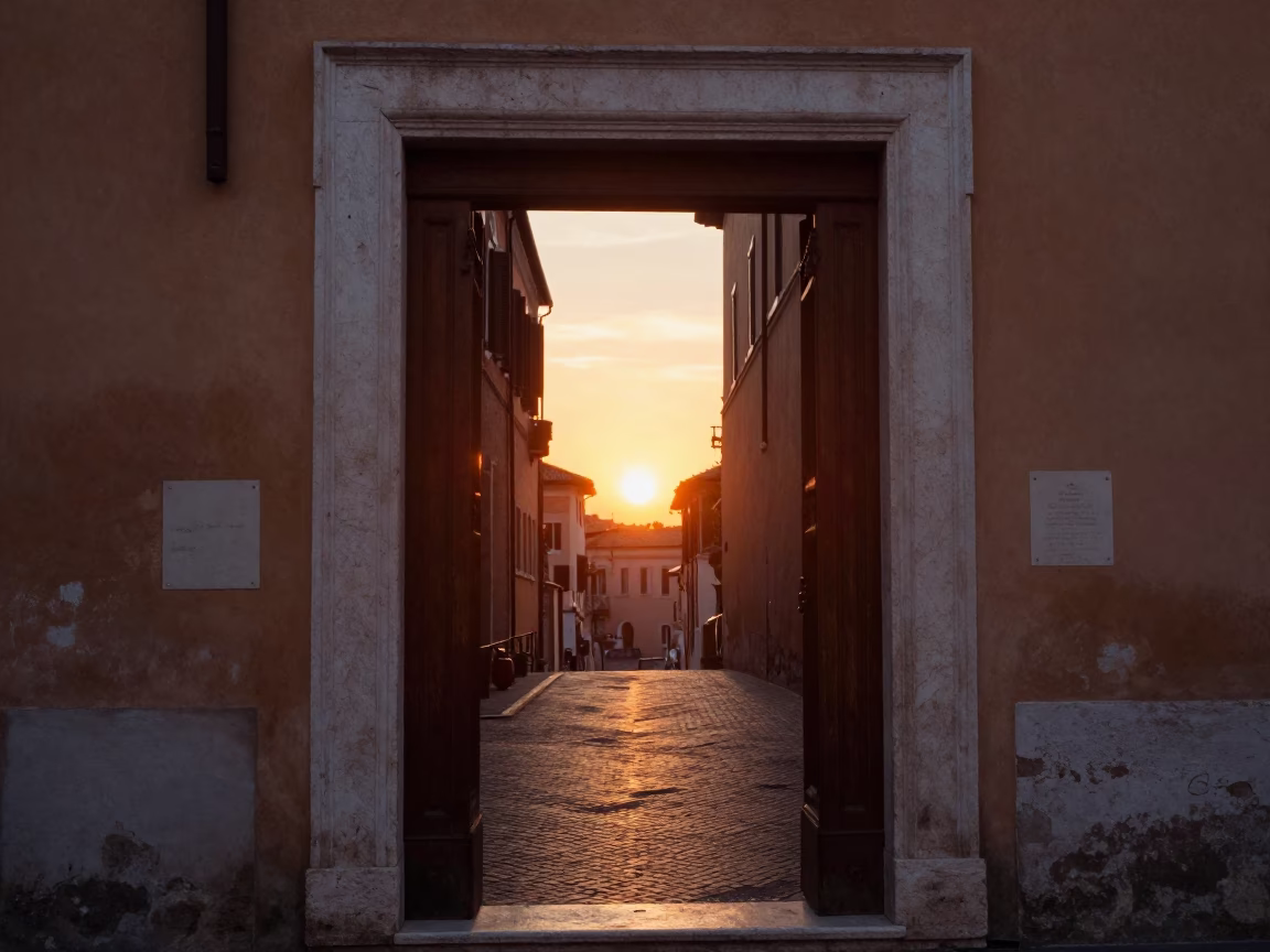 Golden Hour Rome Street Scene with Traditional Doorframe and Ceramic Tile Details in in Rome, Italy