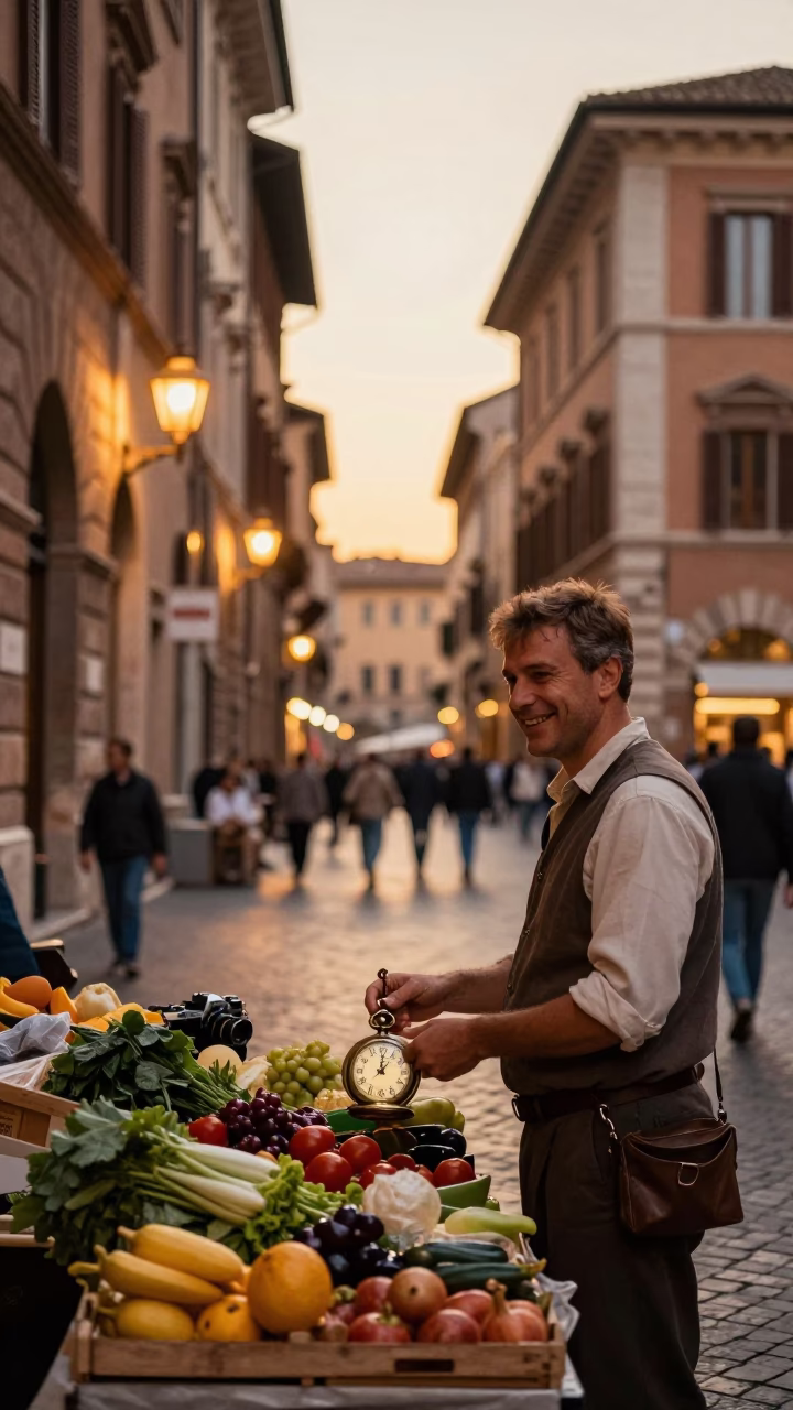 Golden Hour Rome Street Scene with Vintage Pocket Watch and Lantern Alley in in Rome, Italy