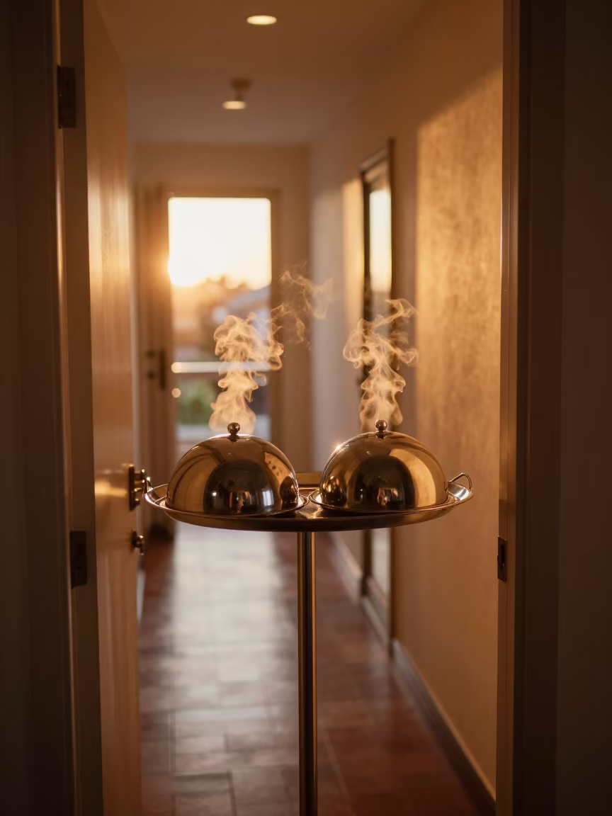 Golden Hour Room Service Shelf Steaming Domes in in a quiet guest corridor near Valledupar
