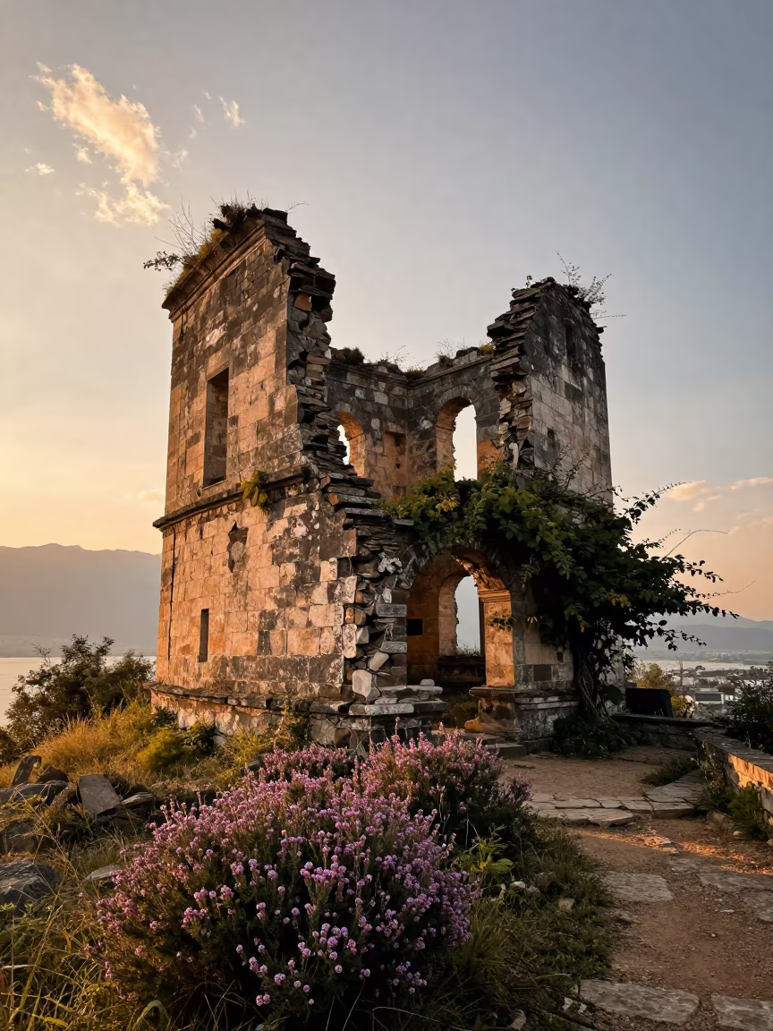 Golden Hour Ruin with Thyme on Dali Hilltop in along a vine-choked corridor near Dali