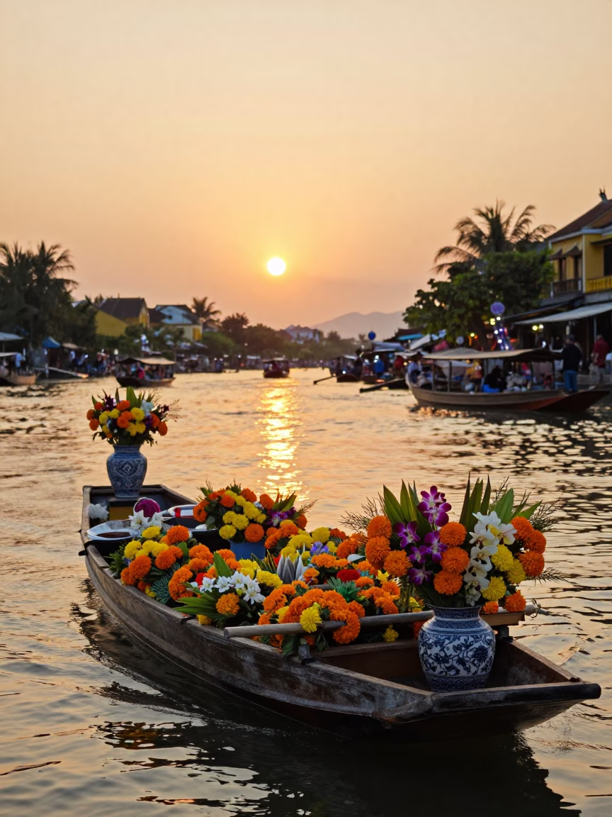 Golden Hour Sampan Market Scene in Hoi An Vietnam with Floral Vessel in in Hoi An, Vietnam
