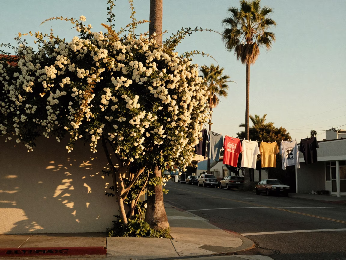 Golden Hour San Diego Street Scene with Climbing Jasmine and Vintage Clothesline in in San Diego, California, United States