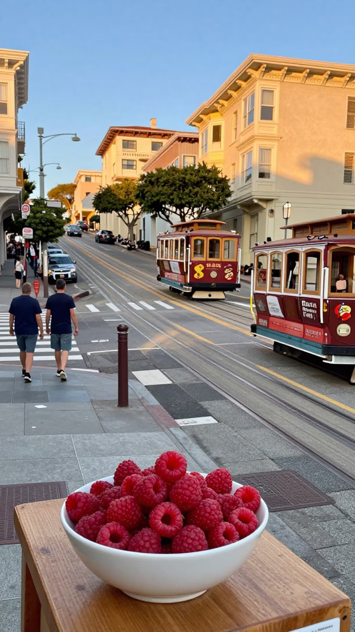 Golden Hour San Francisco Street Scene with Raspberries and Vintage 1960s Charm in in San Francisco, California, United States