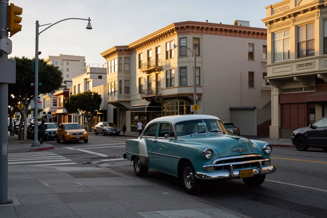 Golden Hour San Francisco Street Scene with Vintage Cars and Urban Architecture in in San Francisco, California, United States