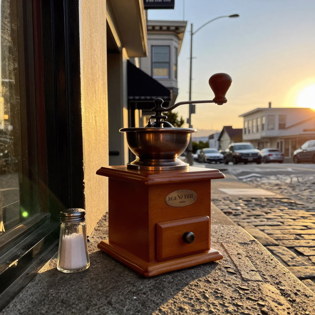 Golden Hour San Francisco Street Scene with Vintage Coffee Grinder and Salt Shaker in in San Francisco, California, United States