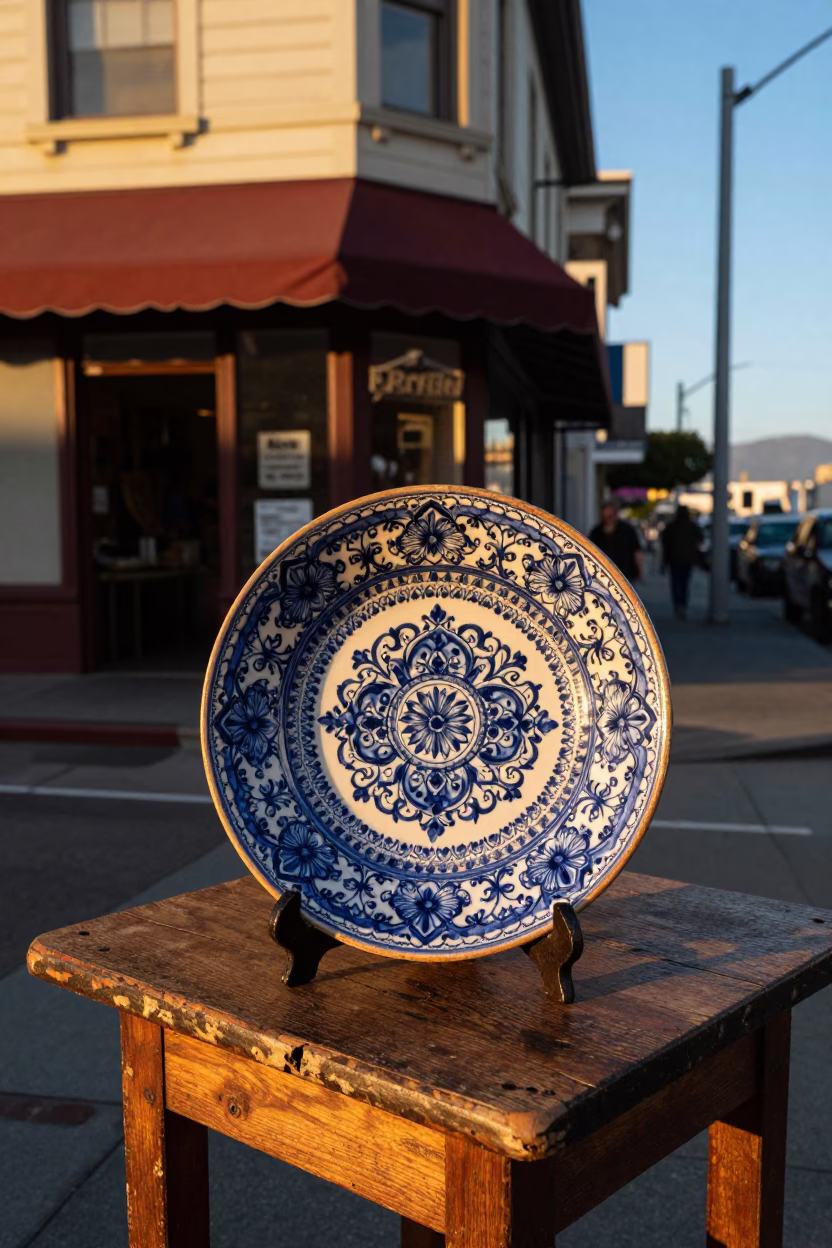 Golden Hour San Francisco Street Scene with Vintage Italian Majolica Plate and Pruning Shears in in San Francisco, California, United States