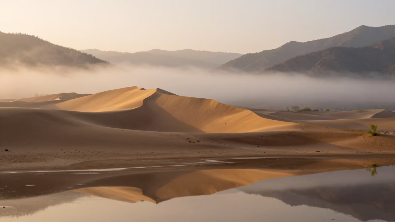 Golden Hour Sand Dune Ridge Over Misty Valley in across a wide valley floor in Himachal Pradesh