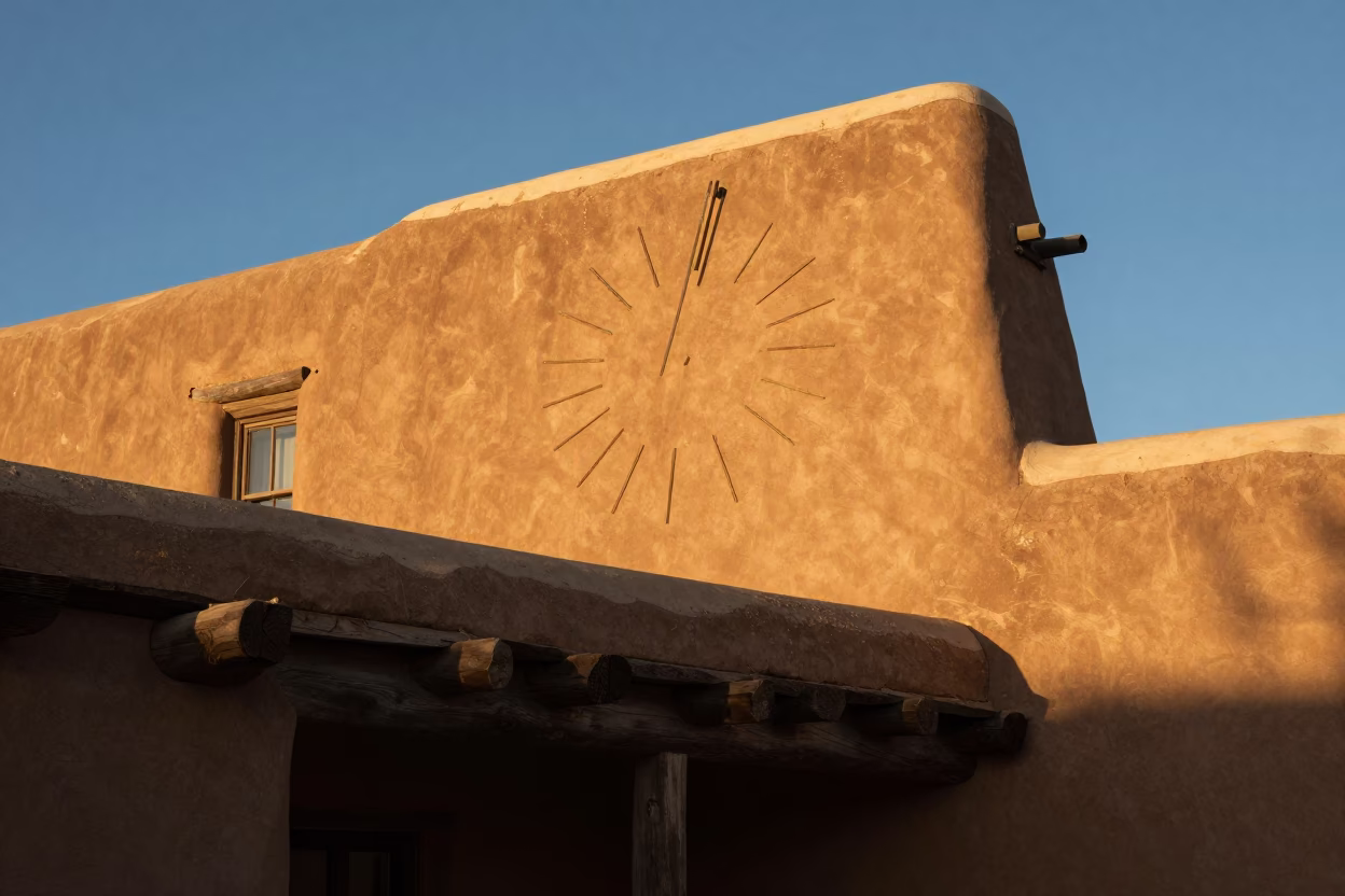 Golden Hour Santa Fe Adobe Architecture with Local Market Sundial Detail in in Santa Fe, New Mexico, United States