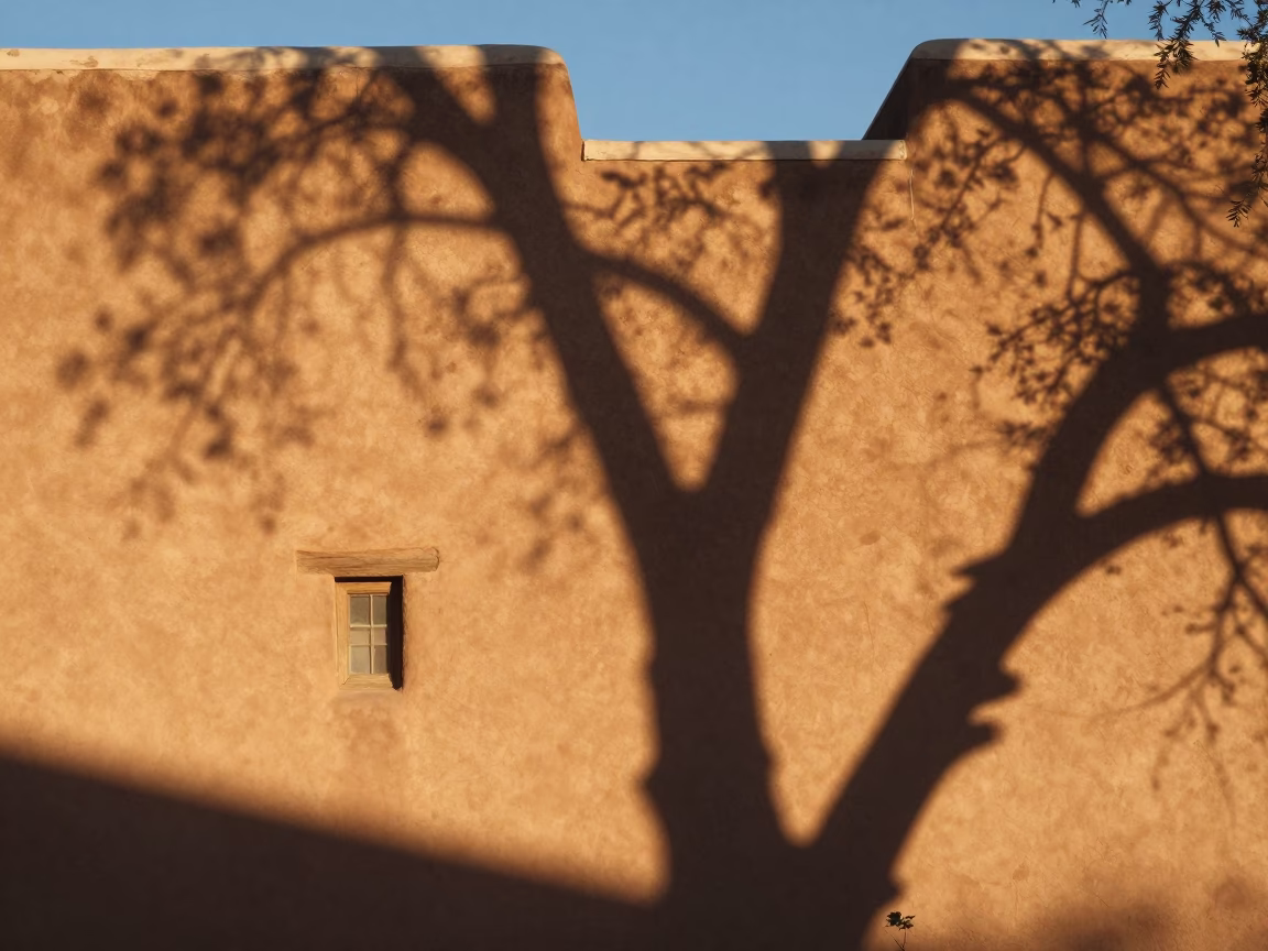 Golden Hour Santa Fe New Mexico Adobe Architecture and Leaf Shadows in in Santa Fe, New Mexico, United States