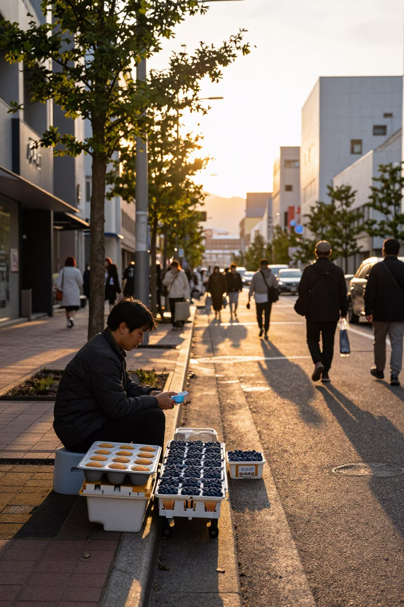Golden Hour Sapporo Street Scene with Blueberries and Muffin Tin in in Sapporo, Japan