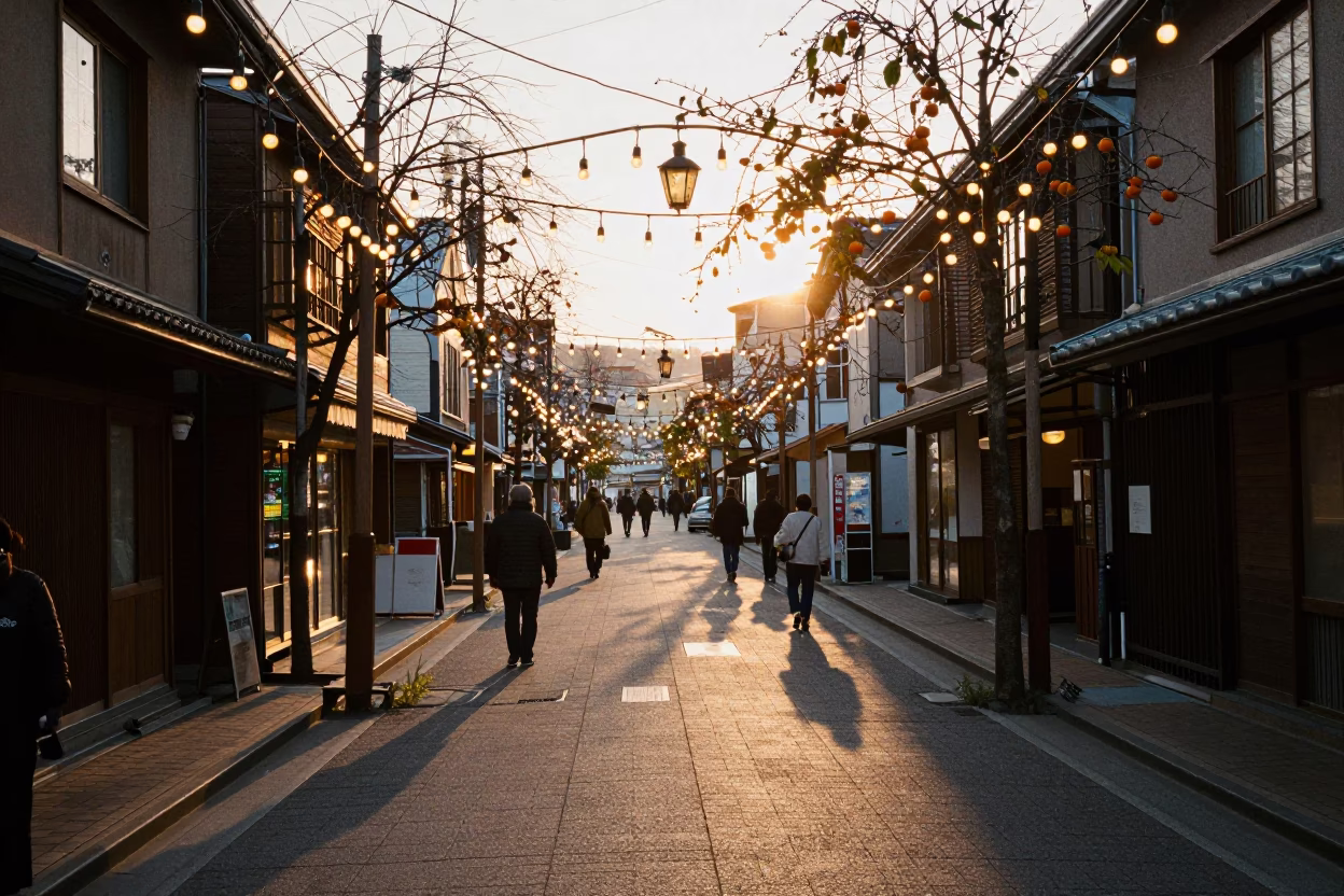 Golden Hour Sapporo Street Scene with String Lights and Apricots in in Sapporo, Japan