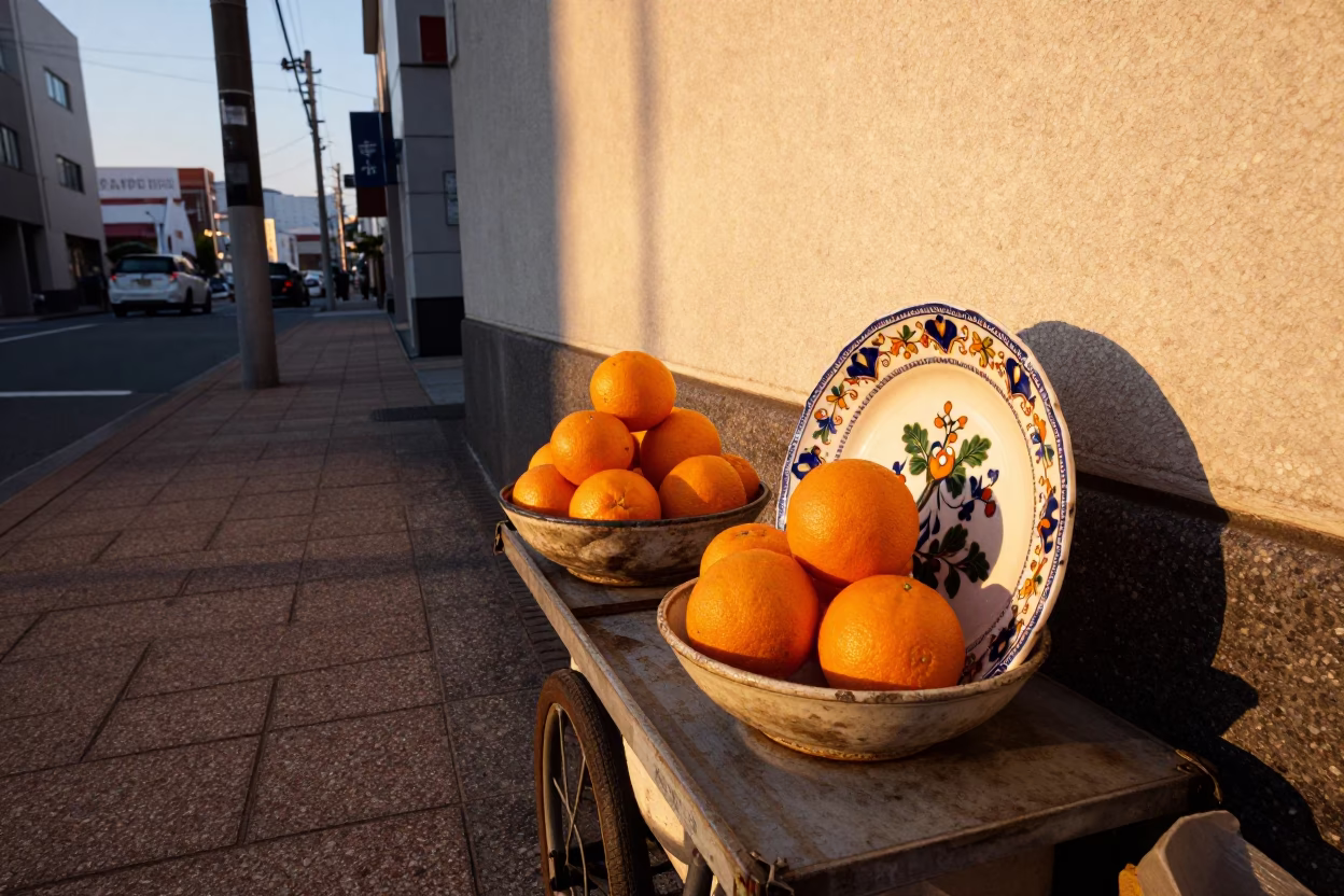 Golden Hour Sapporo Street Scene with Vintage Majolica Plate and Oranges in in Sapporo, Japan