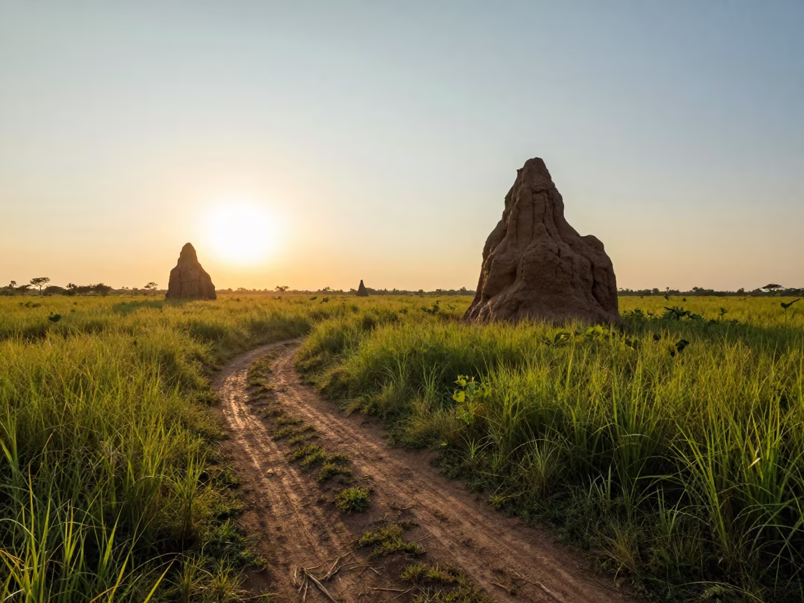 Golden Hour Savanna Termite Mounds Near Surabaya in along a game trail near Surabaya