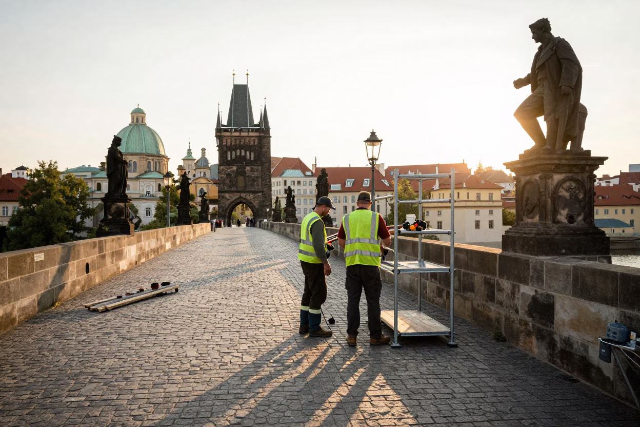Golden Hour Scaffolding Workers Resting on Charles Bridge Prague Castle View in in Prague, Czech Republic