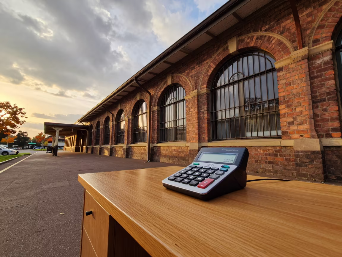 Golden Hour Scanner Station in Restored Train Terminal in inside a restored train terminal near Gaborone