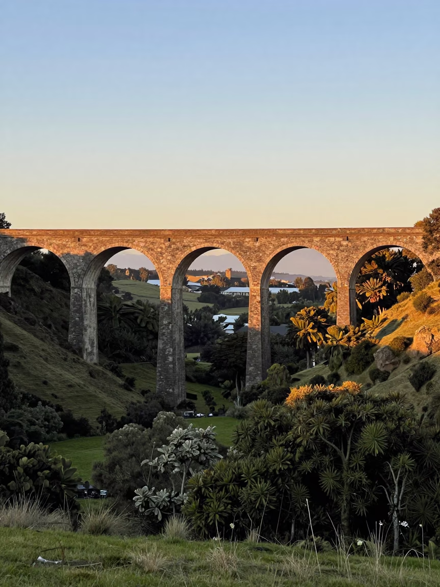 Golden Hour Scenic View of Christchurch New Zealand Railway Viaduct Arches Spanning Valley in in Christchurch, New Zealand