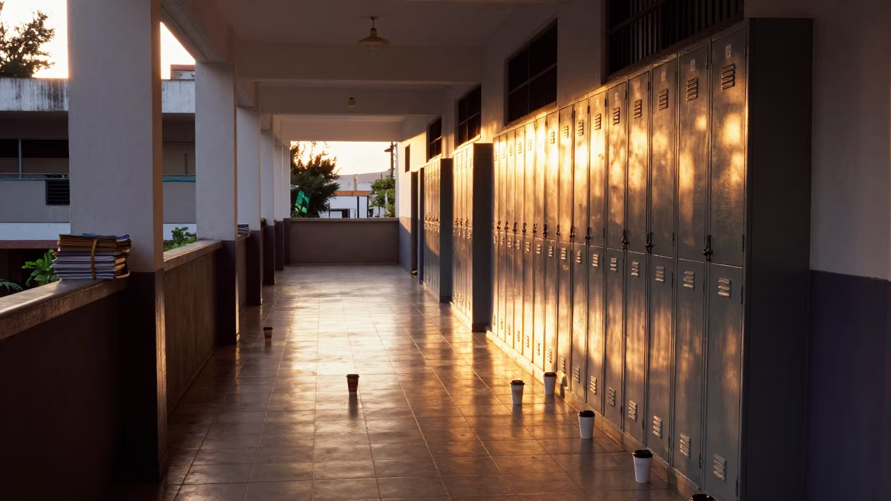 Golden Hour School Corridor Empty Coffee Cups Caracas in inside a quiet classroom near Caracas