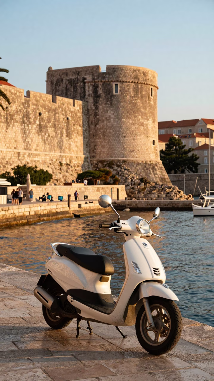 Golden Hour Scooter on Dubrovnik Harbor Promenade with City Walls in in Dubrovnik, Croatia