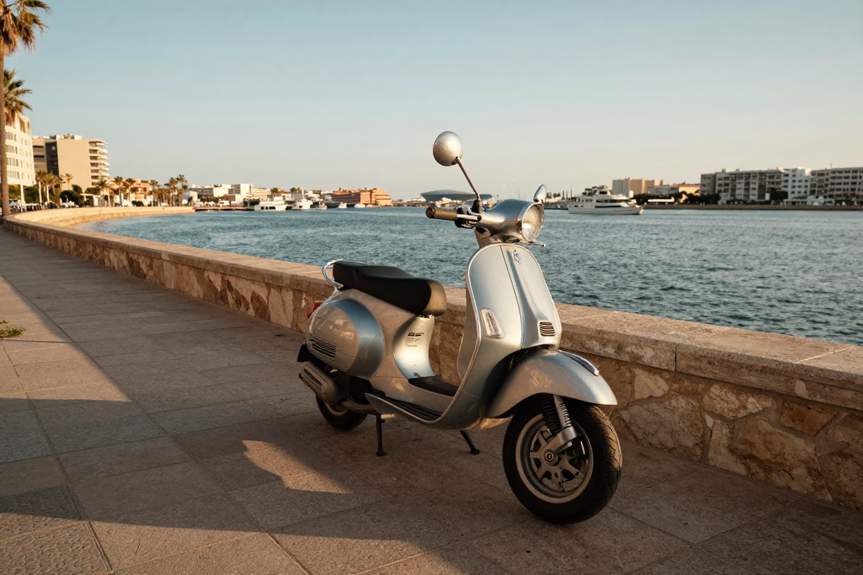 Golden Hour Scooter Parked on Valencia Harbor Promenade with Sea Views in in Valencia, Spain
