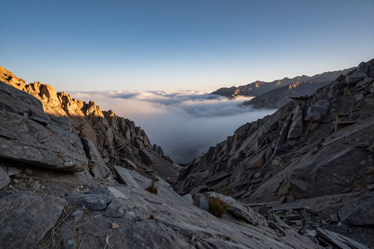 Golden Hour Sea of Clouds Leh Mountain Summit in at a rocky saddle overlooking a mountain valley near Leh