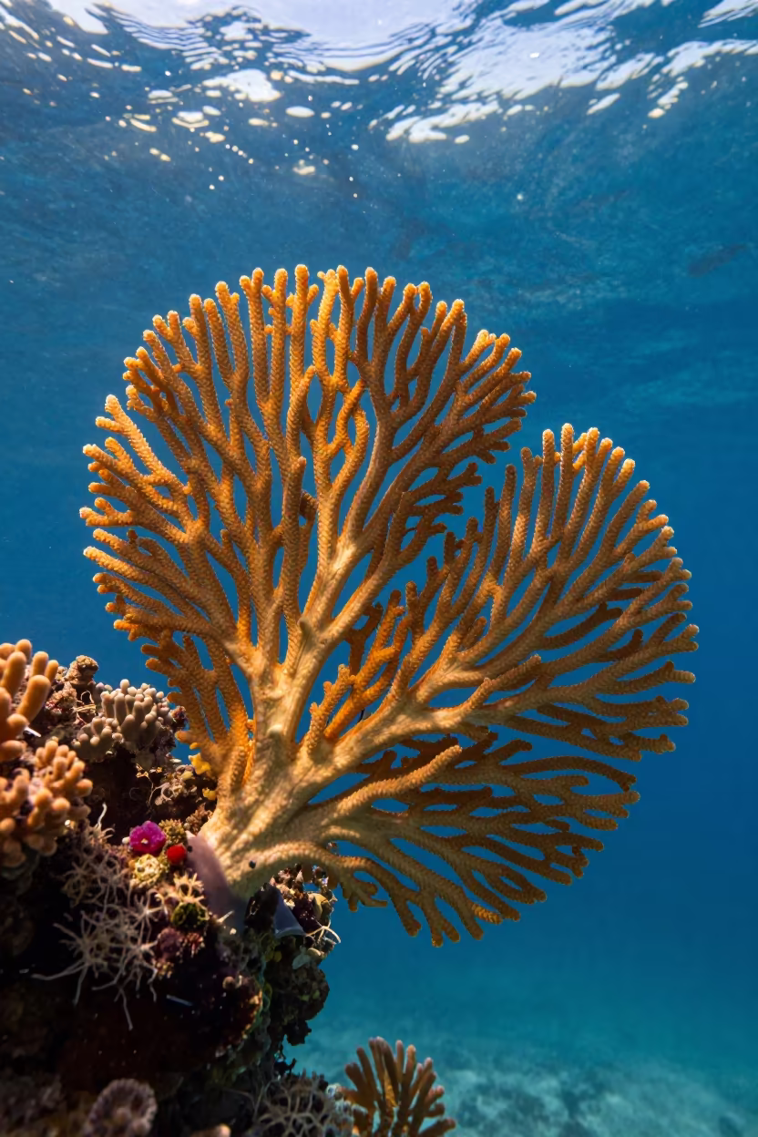 Golden Hour Sea Fan Coral Cairns Reef in along a coral wall with blue water beyond near Cairns