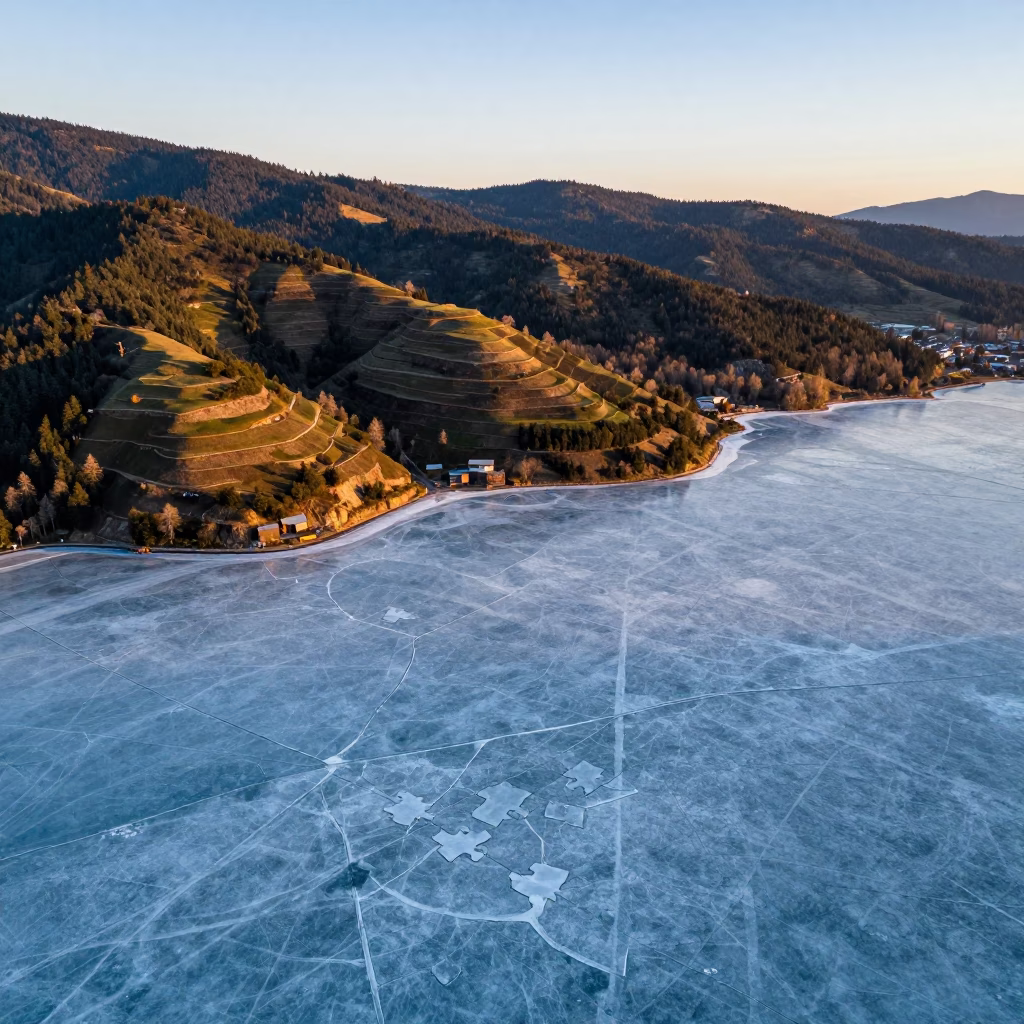 Golden Hour Sea Ice Puzzle Pieces Over Vancouver Hills in far above terraced hillsides near Strathcona, Vancouver