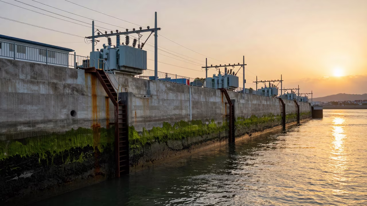 Golden Hour Sea Wall Rust Stains Busan Lock in at a canal lock chamber near Busan