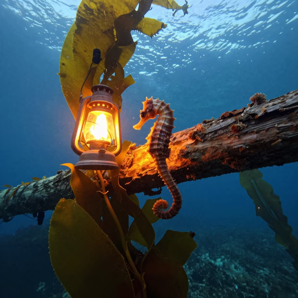 Golden Hour Seahorse Amidst Kelp Forest Wreck in through a forest of kelp fronds in Queensland
