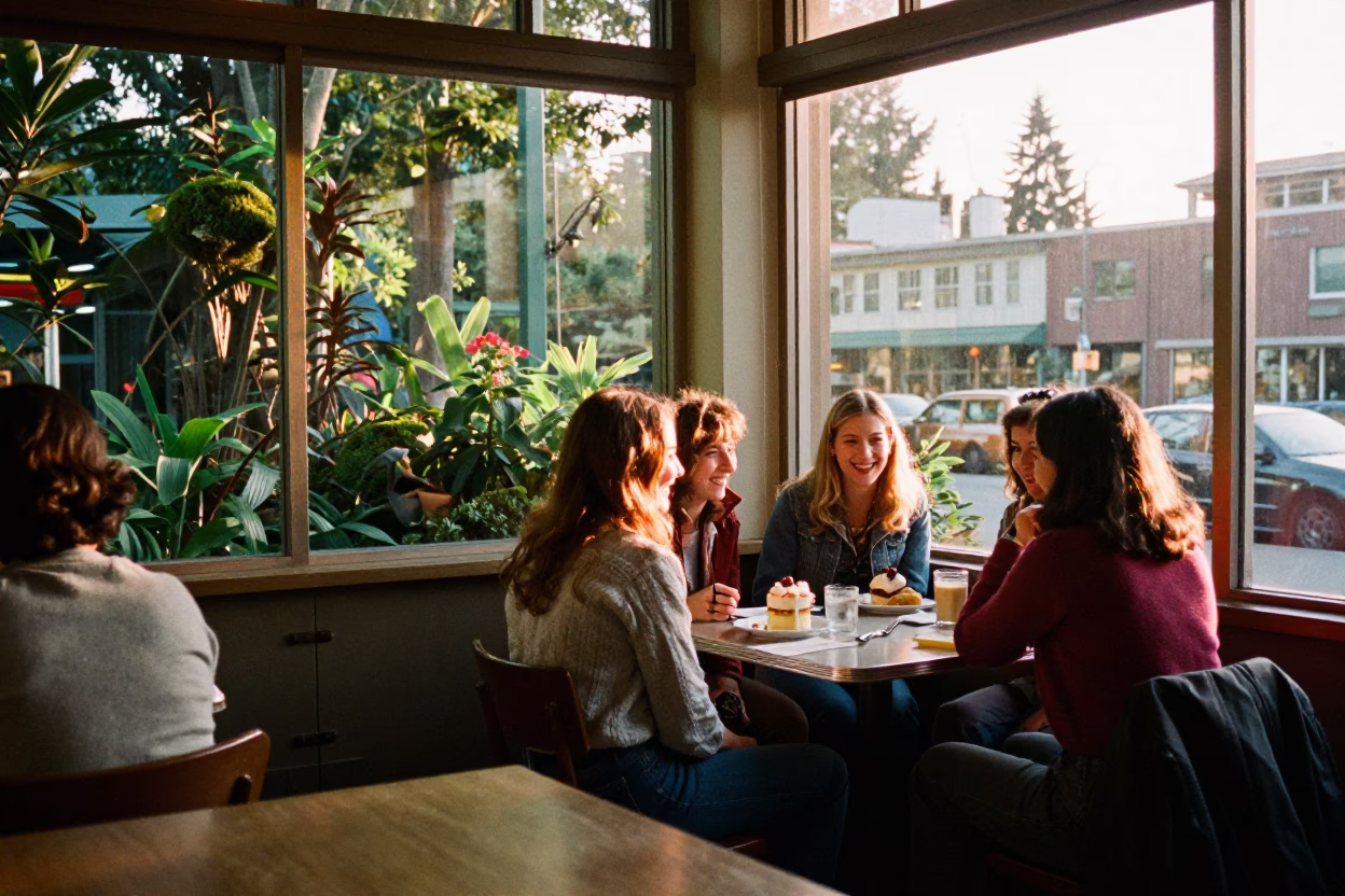 Golden Hour Seattle Cafe Interior with Moss Garden View and Vintage Dining Details in in Seattle, Washington, United States
