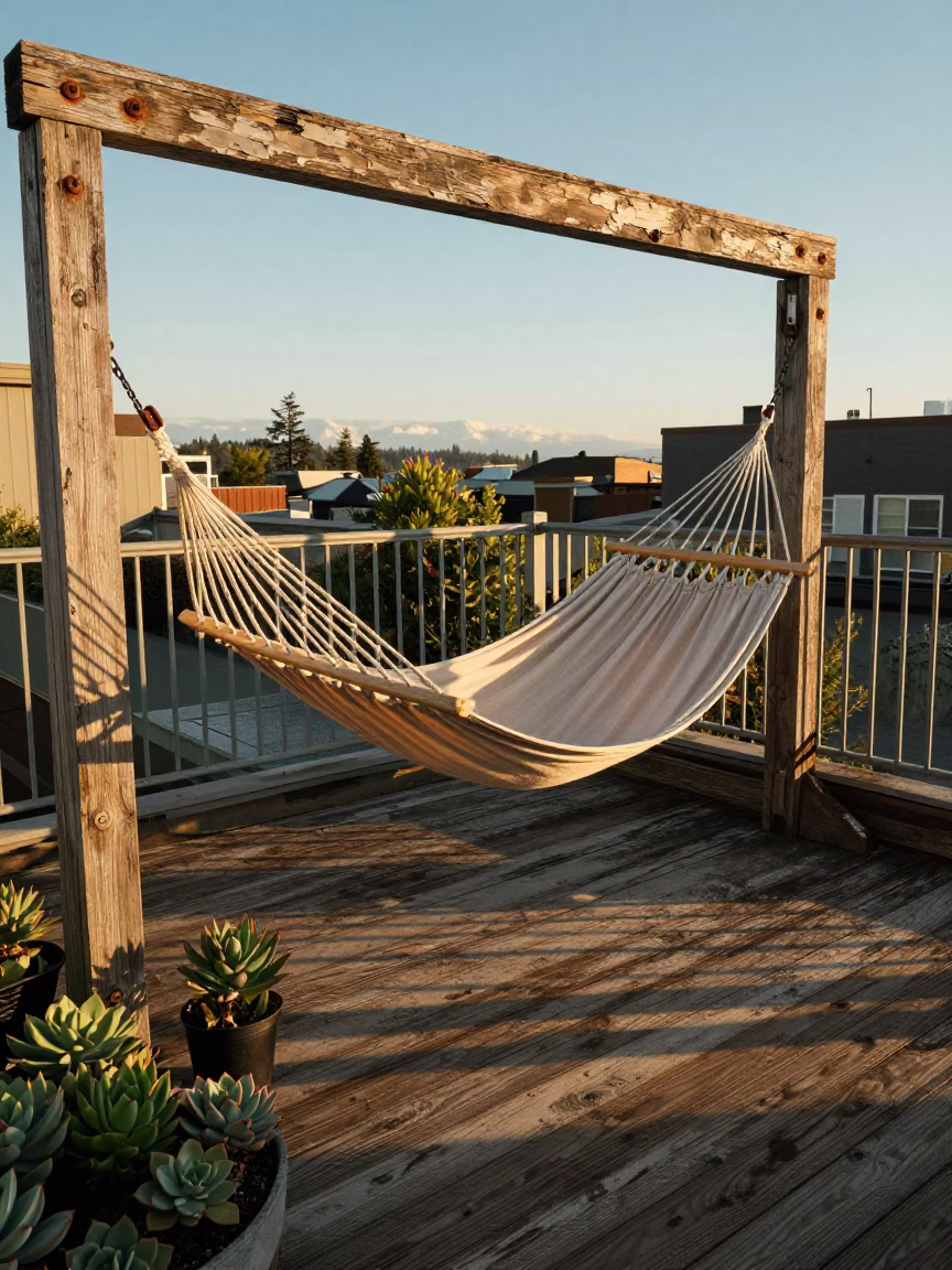 Golden Hour Seattle Rooftop Scene with Hammock and Succulents in in Seattle, Washington, United States