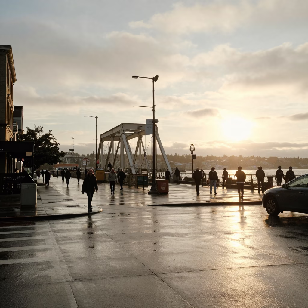 Golden Hour Seattle Street Scene with Drawbridge and Harbor Drizzle in in Seattle, Washington, United States