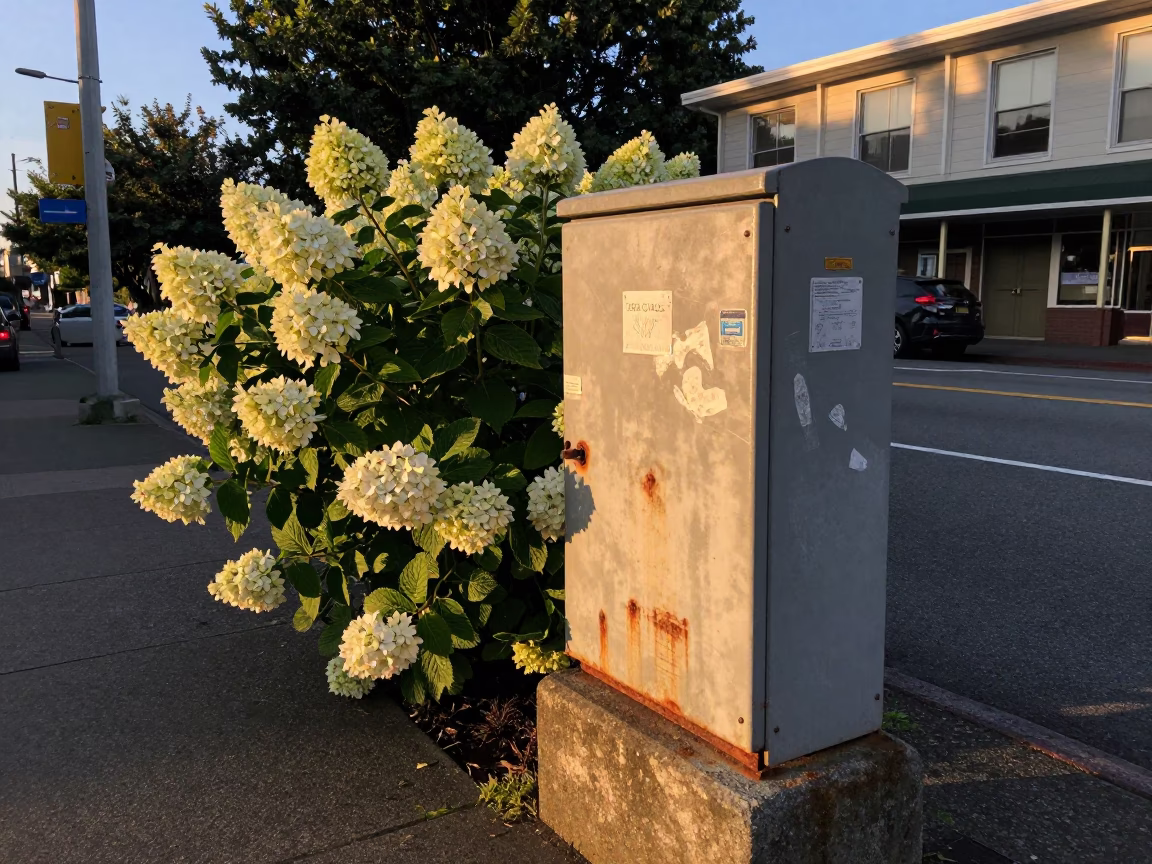 Golden Hour Seattle Street Scene with Hydrangeas and Rusty Utility Box in in Seattle, Washington, United States