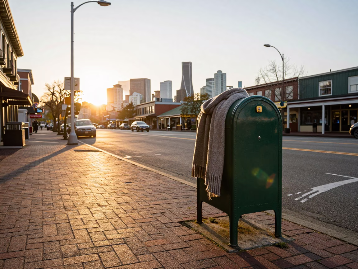 Golden Hour Seattle Street Scene with Mailbox and Wool Scarves in in Seattle, Washington, United States