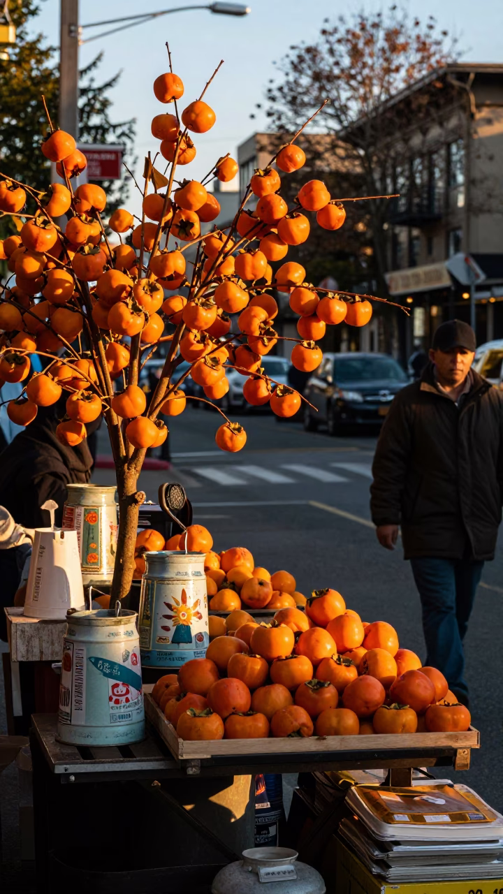 Golden Hour Seattle Street Scene with Persimmons and Vintage Pin Tin in in Seattle, Washington, United States